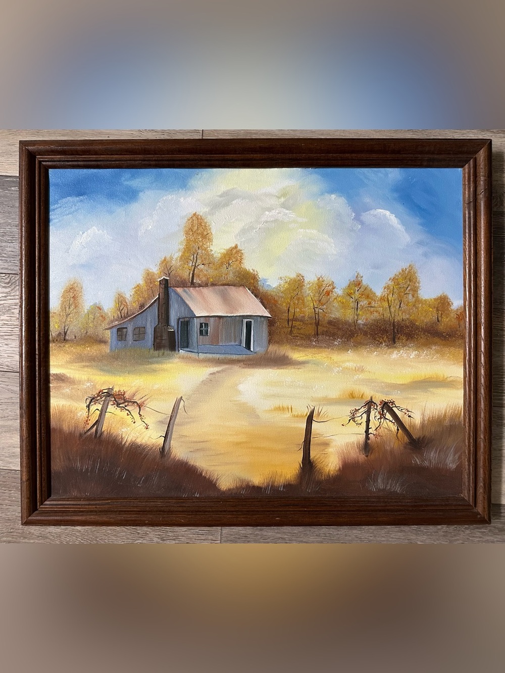 Rustic Cottage Landscape Framed Oil Painting 22” x 18”